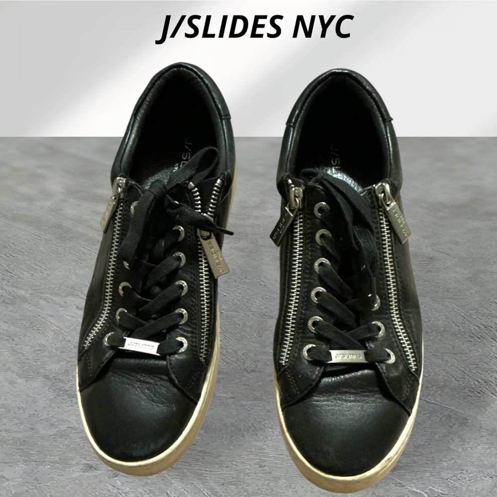 🌺J Slides NYC Black Leather Sneakers with Silver Accents